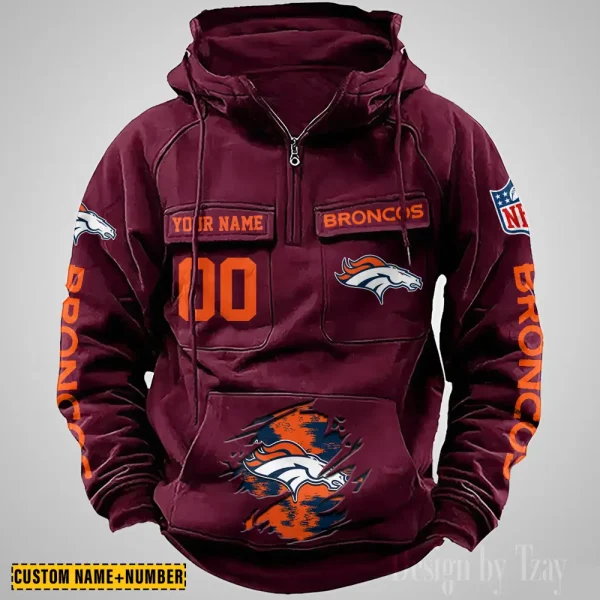 Denver Broncos NFL Multi Pocket Zipper Retro Hoodie AZVMHD840