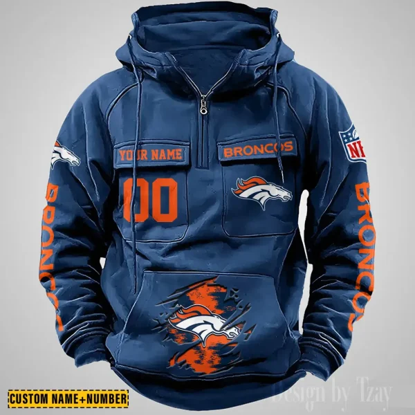 Denver Broncos NFL Multi Pocket Zipper Retro Hoodie AZVMHD840 - Image 5