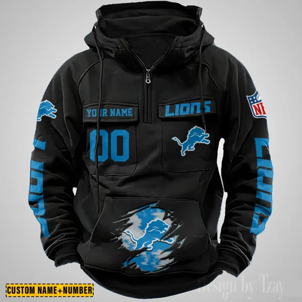 Detroit Lions NFL Multi Pocket Zipper Retro Hoodie AZVMHD842