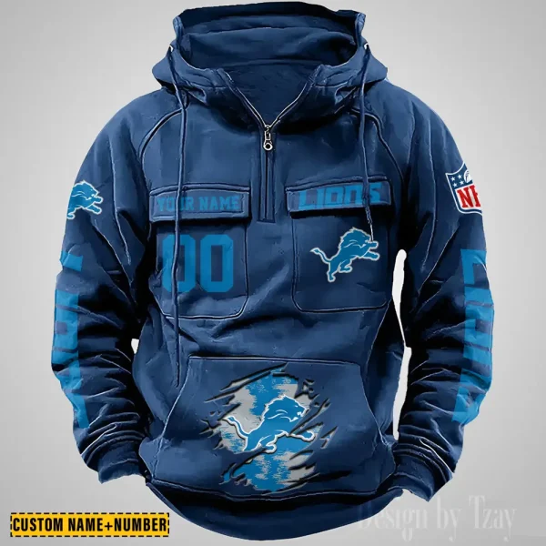 Detroit Lions NFL Multi Pocket Zipper Retro Hoodie AZVMHD842 - Image 2