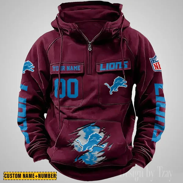 Detroit Lions NFL Multi Pocket Zipper Retro Hoodie AZVMHD842 - Image 3