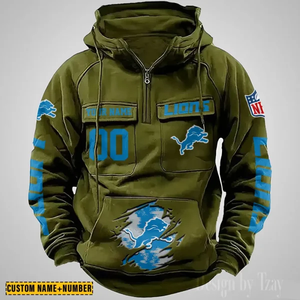 Detroit Lions NFL Multi Pocket Zipper Retro Hoodie AZVMHD842 - Image 4