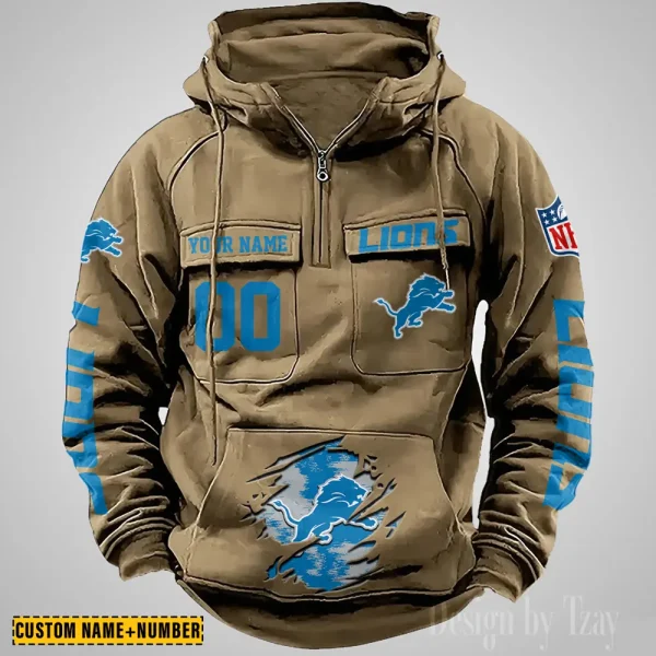 Detroit Lions NFL Multi Pocket Zipper Retro Hoodie AZVMHD842 - Image 5