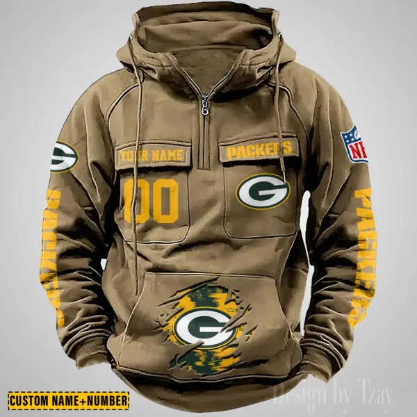 Green Bay Packers NFL Multi Pocket Zipper Retro Hoodie AZVMHD843 - Image 2