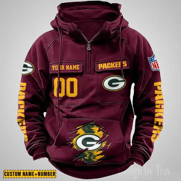 Green Bay Packers NFL Multi Pocket Zipper Retro Hoodie AZVMHD843 - Image 3