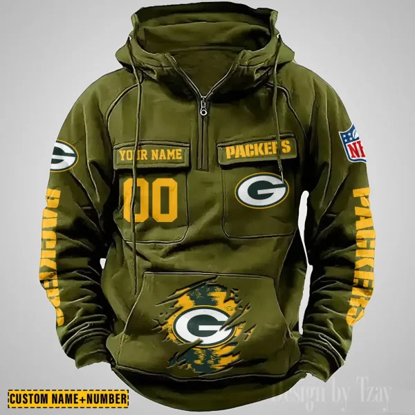 Green Bay Packers NFL Multi Pocket Zipper Retro Hoodie AZVMHD843 - Image 4