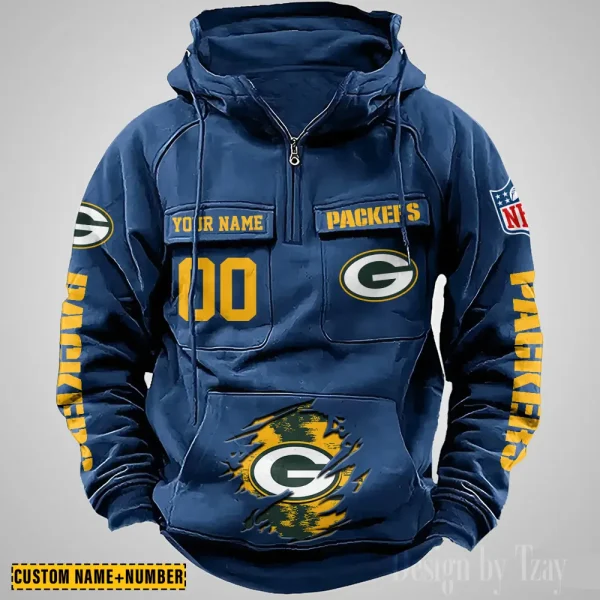 Green Bay Packers NFL Multi Pocket Zipper Retro Hoodie AZVMHD843 - Image 5