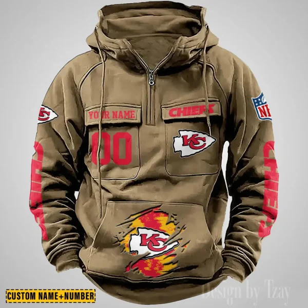 Kansas City Chiefs NFL Multi Pocket Zipper Retro Hoodie AZVMHD847 - Image 2