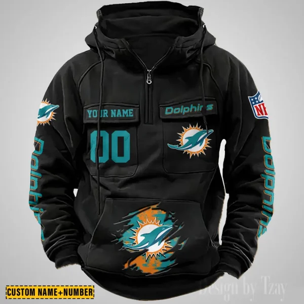 Miami Dolphins NFL Multi Pocket Zipper Retro Hoodie AZVMHD851 - Image 2