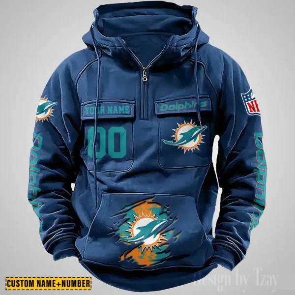 Miami Dolphins NFL Multi Pocket Zipper Retro Hoodie AZVMHD851 - Image 3