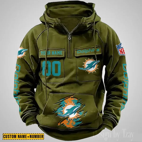 Miami Dolphins NFL Multi Pocket Zipper Retro Hoodie AZVMHD851