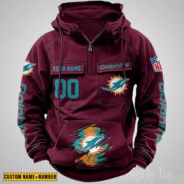 Miami Dolphins NFL Multi Pocket Zipper Retro Hoodie AZVMHD851 - Image 4