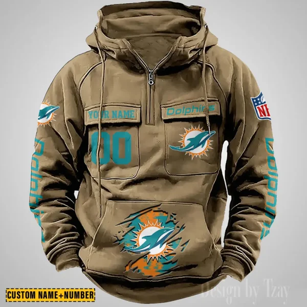 Miami Dolphins NFL Multi Pocket Zipper Retro Hoodie AZVMHD851 - Image 5