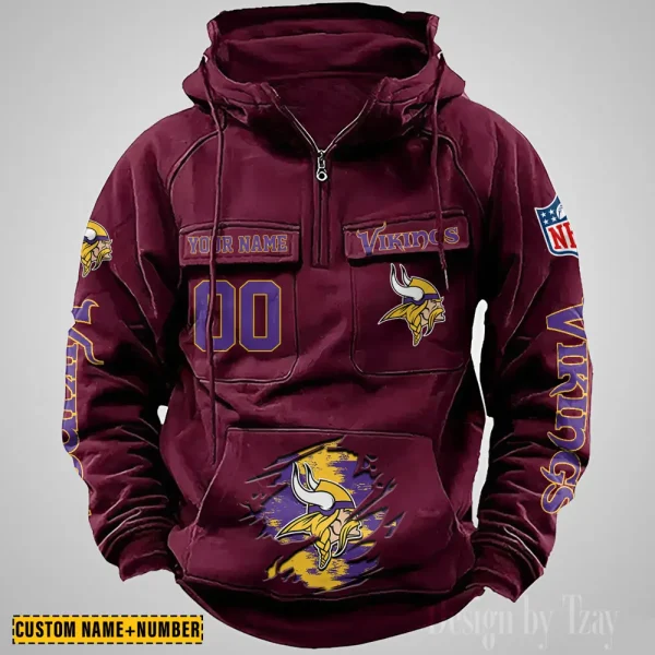 Minnesota Vikings NFL Multi Pocket Zipper Retro Hoodie AZVMHD852 - Image 2