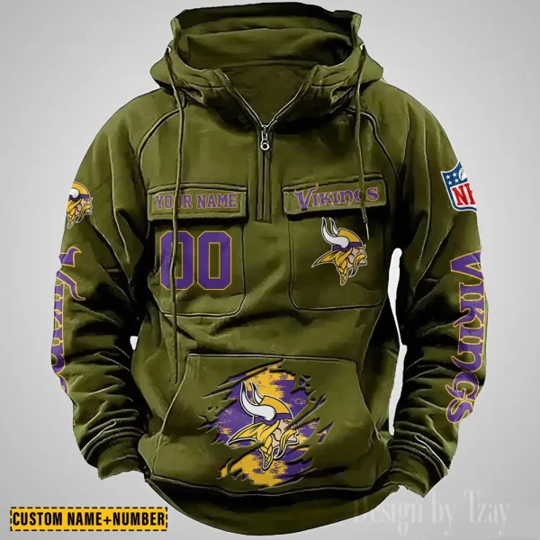 Minnesota Vikings NFL Multi Pocket Zipper Retro Hoodie AZVMHD852 - Image 3