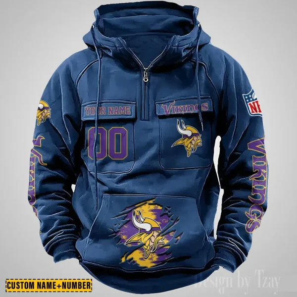 Minnesota Vikings NFL Multi Pocket Zipper Retro Hoodie AZVMHD852 - Image 4