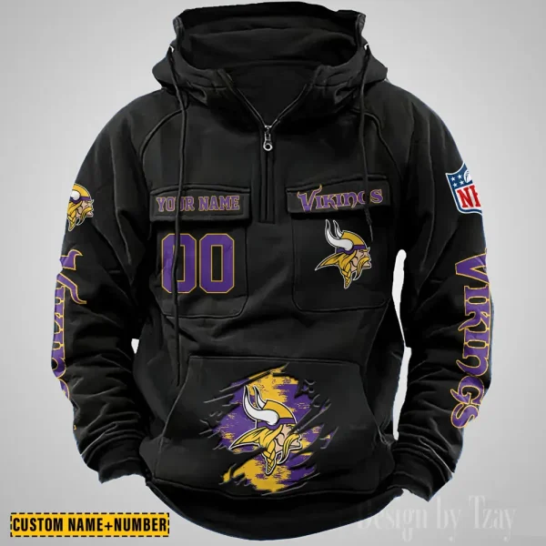 Minnesota Vikings NFL Multi Pocket Zipper Retro Hoodie AZVMHD852 - Image 5