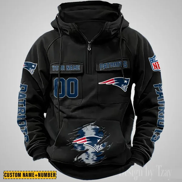 New England Patriots NFL Multi Pocket Zipper Retro Hoodie AZVMHD853 - Image 2