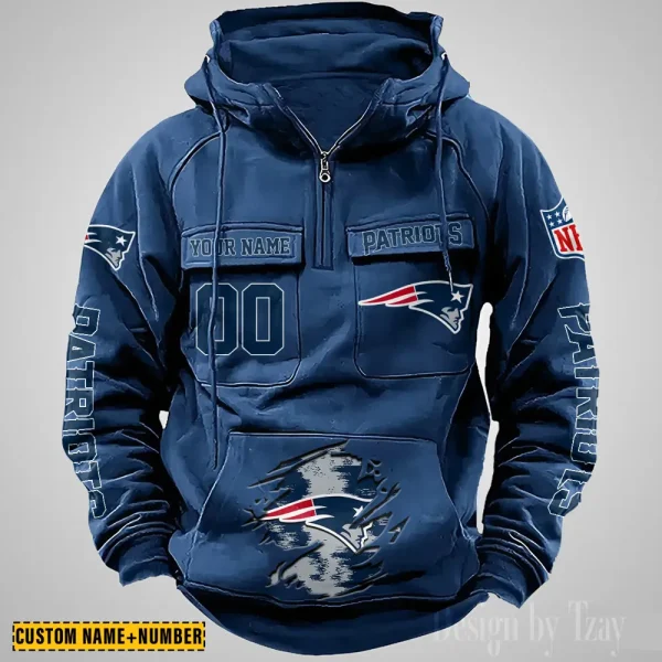 New England Patriots NFL Multi Pocket Zipper Retro Hoodie AZVMHD853