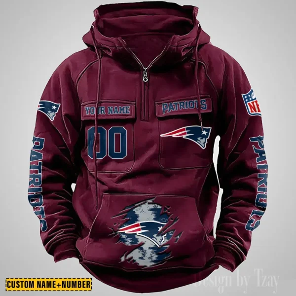 New England Patriots NFL Multi Pocket Zipper Retro Hoodie AZVMHD853 - Image 4