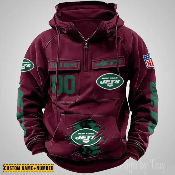 New York Jets NFL Multi Pocket Zipper Retro Hoodie AZVMHD856 - Image 3