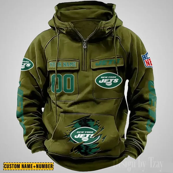 New York Jets NFL Multi Pocket Zipper Retro Hoodie AZVMHD856 - Image 4