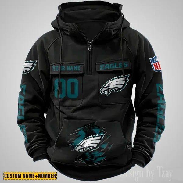 Philadelphia Eagles NFL Multi Pocket Zipper Retro Hoodie AZVMHD857 - Image 2