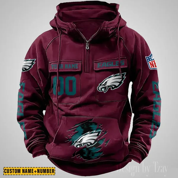 Philadelphia Eagles NFL Multi Pocket Zipper Retro Hoodie AZVMHD857 - Image 3