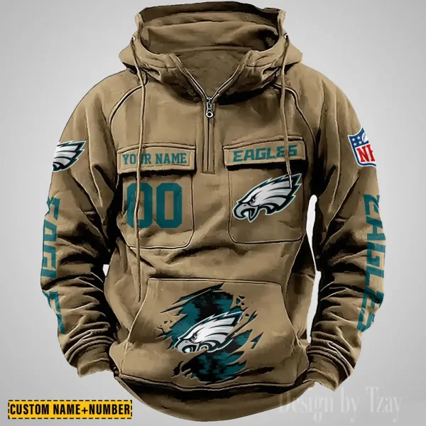 Philadelphia Eagles NFL Multi Pocket Zipper Retro Hoodie AZVMHD857 - Image 4