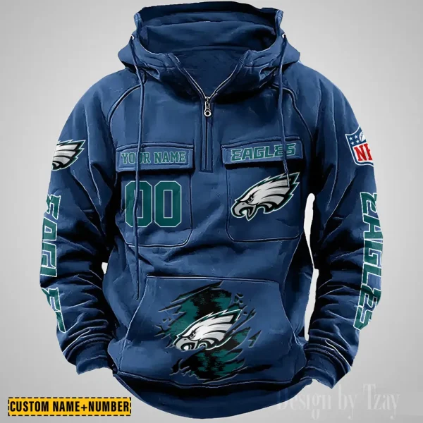 Philadelphia Eagles NFL Multi Pocket Zipper Retro Hoodie AZVMHD857 - Image 5