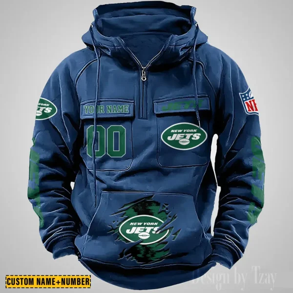 New York Jets NFL Multi Pocket Zipper Retro Hoodie AZVMHD856 - Image 5