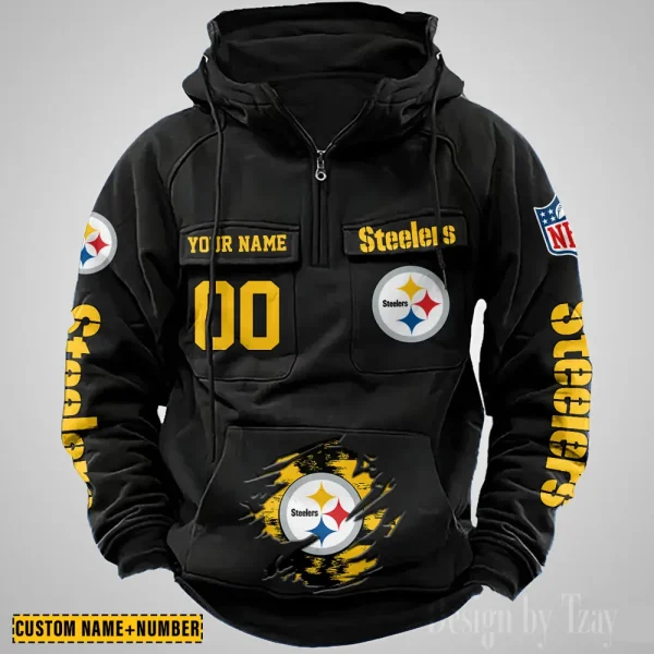 Pittsburgh Steelers NFL Multi Pocket Zipper Retro Hoodie AZVMHD858 - Image 2