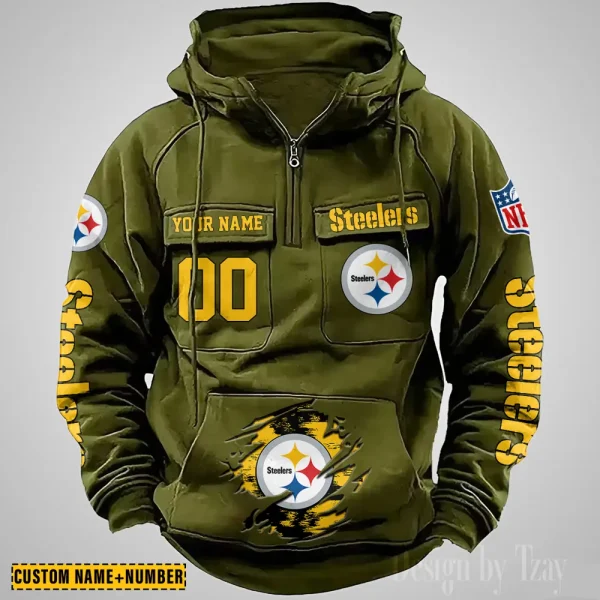 Pittsburgh Steelers NFL Multi Pocket Zipper Retro Hoodie AZVMHD858 - Image 3