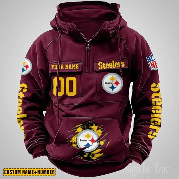 Pittsburgh Steelers NFL Multi Pocket Zipper Retro Hoodie AZVMHD858