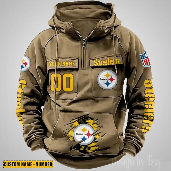 Pittsburgh Steelers NFL Multi Pocket Zipper Retro Hoodie AZVMHD858 - Image 5