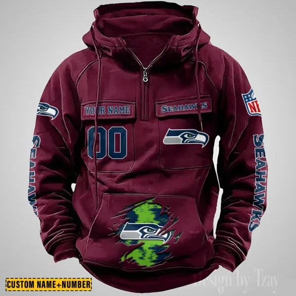 Seattle Seahawks NFL Multi Pocket Zipper Retro Hoodie AZVMHD860 - Image 2