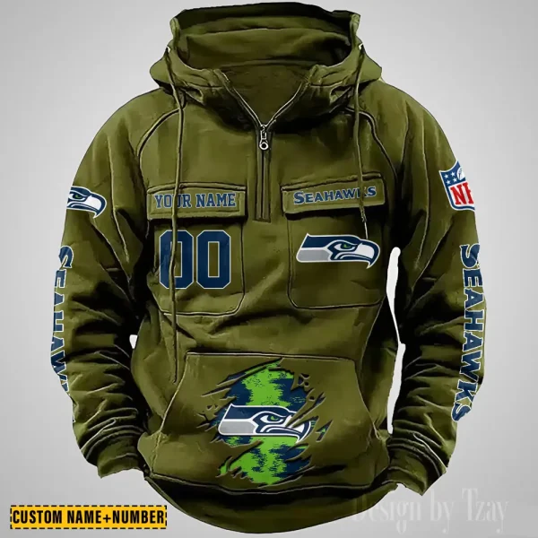 Seattle Seahawks NFL Multi Pocket Zipper Retro Hoodie AZVMHD860 - Image 3