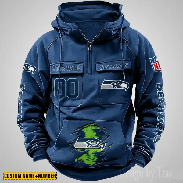Seattle Seahawks NFL Multi Pocket Zipper Retro Hoodie AZVMHD860 - Image 4