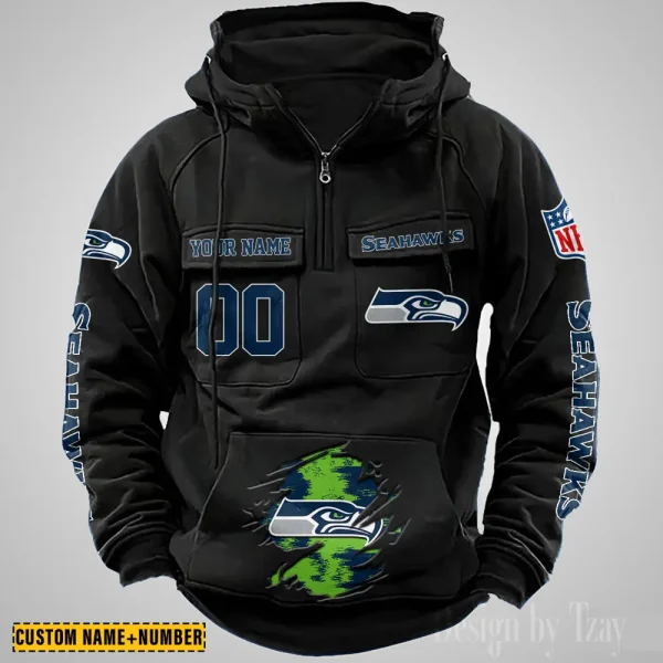 Seattle Seahawks NFL Multi Pocket Zipper Retro Hoodie AZVMHD860 - Image 5