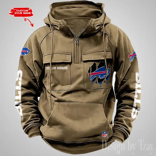 Buffalo Bills Designer Hoodies For Men Casual Fashion Solid Multi-Pocket Zipper Long Slevee AZVMHD865 - Image 3