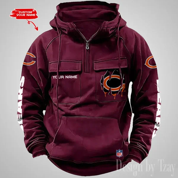 Chicago Bears Designer Hoodies For Men Casual Fashion Solid Multi-Pocket Zipper Long Slevee AZVMHD867 - Image 4
