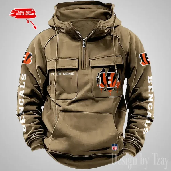 Cincinnati Bengals Designer Hoodies For Men Casual Fashion Solid Multi-Pocket Zipper Long Slevee AZVMHD868