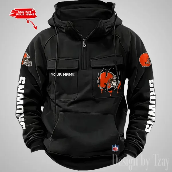 Cleveland Browns Designer Hoodies For Men Casual Fashion Solid Multi-Pocket Zipper Long Slevee AZVMHD869 - Image 3