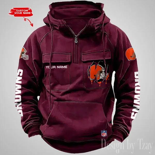 Cleveland Browns Designer Hoodies For Men Casual Fashion Solid Multi-Pocket Zipper Long Slevee AZVMHD869 - Image 4