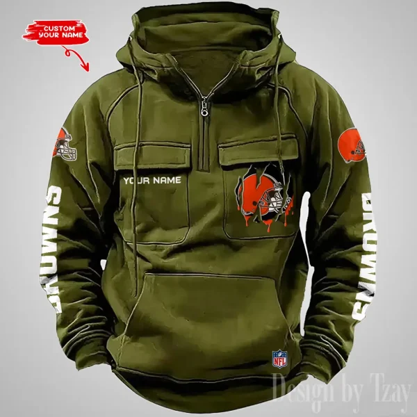 Cleveland Browns Designer Hoodies For Men Casual Fashion Solid Multi-Pocket Zipper Long Slevee AZVMHD869 - Image 5