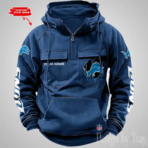 Detroit Lions Designer Hoodies For Men Casual Fashion Solid Multi-Pocket Zipper Long Slevee AZVMHD874 - Image 2