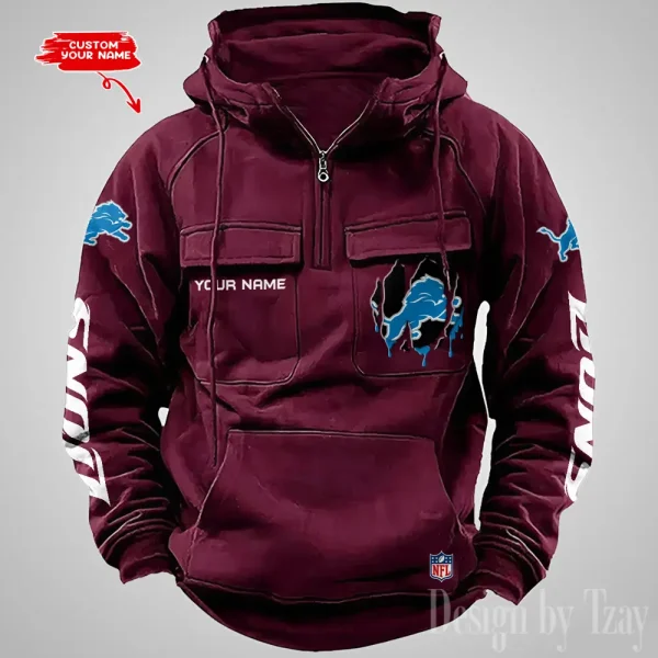 Detroit Lions Designer Hoodies For Men Casual Fashion Solid Multi-Pocket Zipper Long Slevee AZVMHD874 - Image 3