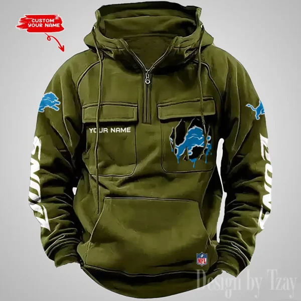 Detroit Lions Designer Hoodies For Men Casual Fashion Solid Multi-Pocket Zipper Long Slevee AZVMHD874 - Image 4