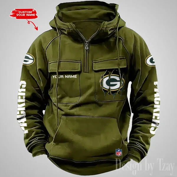 Green Bay Packers Designer Hoodies For Men Casual Fashion Solid Multi-Pocket Zipper Long Slevee AZVMHD875 - Image 3