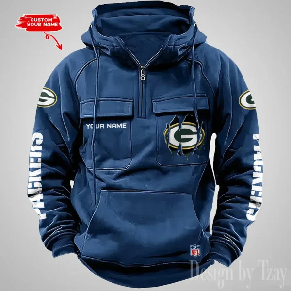 Green Bay Packers Designer Hoodies For Men Casual Fashion Solid Multi-Pocket Zipper Long Slevee AZVMHD875 - Image 4